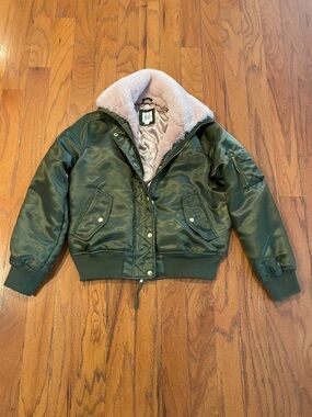 GAP Green Bomber Jacket with Pink Sherpa Collar